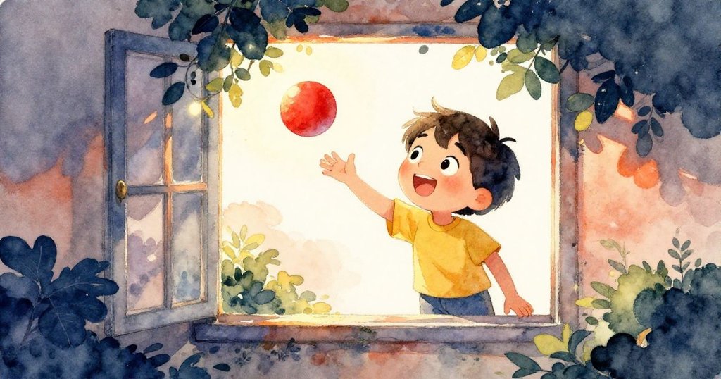 透過樹葉縫隙看到孩子伸手觸及紅球,臉上充滿期待與好奇,展開轉捩點的溫馨瞬間