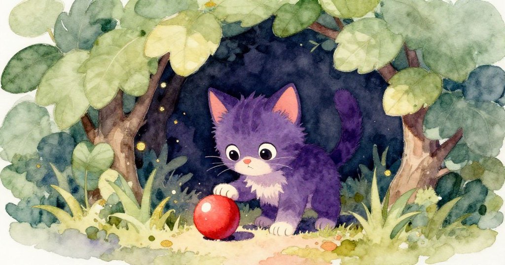 在濃密灌木的隱秘角落中,小貓好奇探出頭來輕觸紅球,展現命運與新開始的神秘瞬間