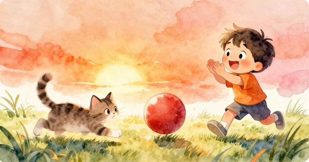 孩子歡笑鼓掌追逐滾動紅球,小貓靈活奔跑於草地間,動感場景充滿活力與喜悅