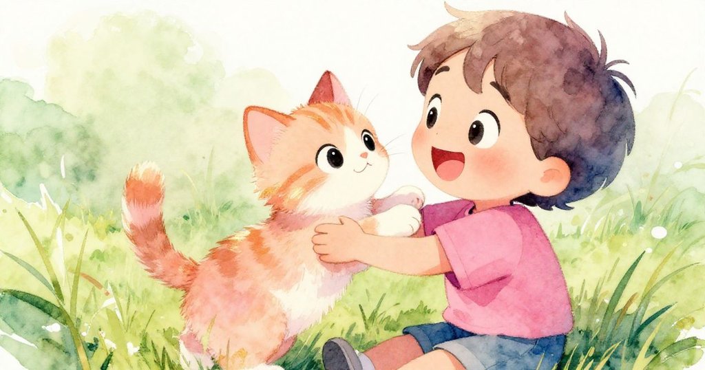 在綠草地上,孩子溫柔舉起活潑小貓,彼此眼中充滿喜悅與愛,音樂與微風交織出圓滿結局