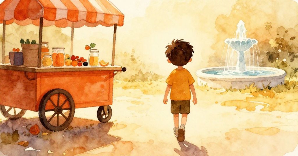 麥克斯沿著陽光小徑走向果汁車，背景有小噴泉，他面帶興奮，輪廓在暖色燦爛天空下展現