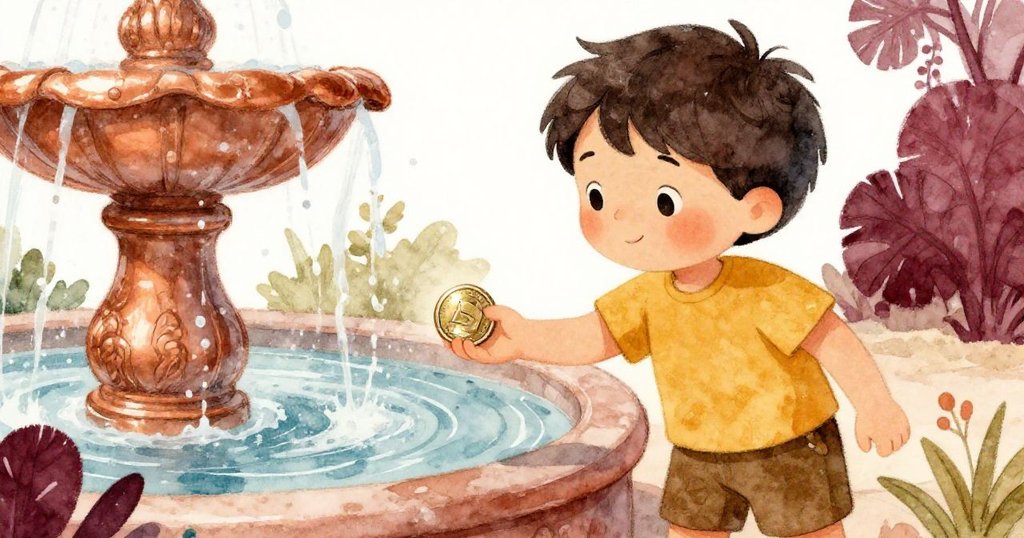 麥克斯的手中緊握著閃亮硬幣，水花四濺在噴泉邊，呈現溫暖銅色細節，充滿驚喜