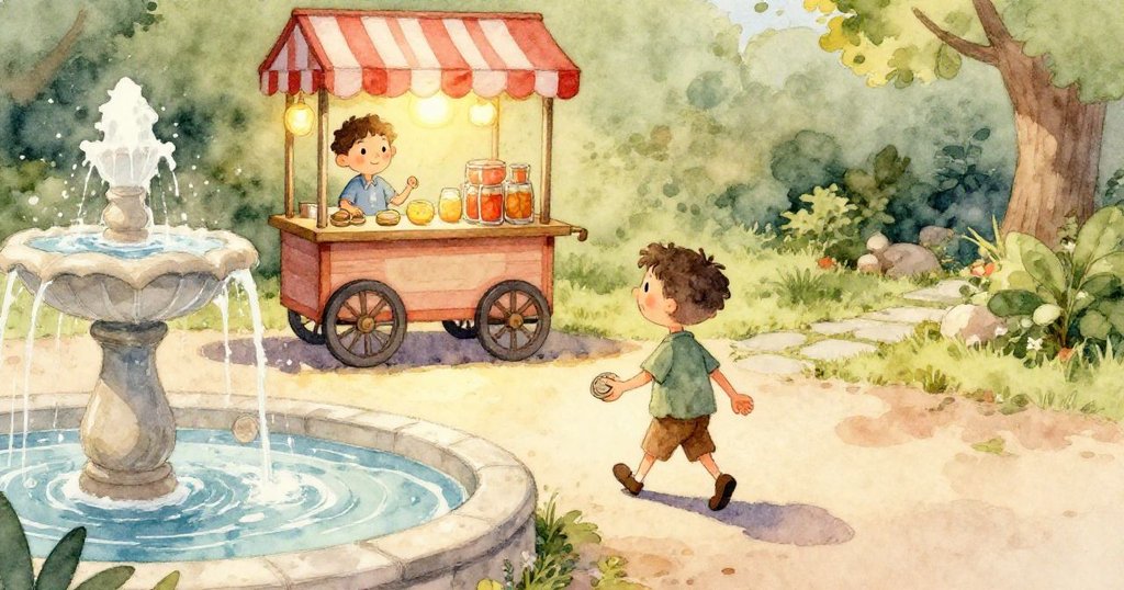 從小生物視角看見閃耀的星葉在硬幣附近飄浮，周遭綠意點綴，麥克斯的冒險充滿奇幻感