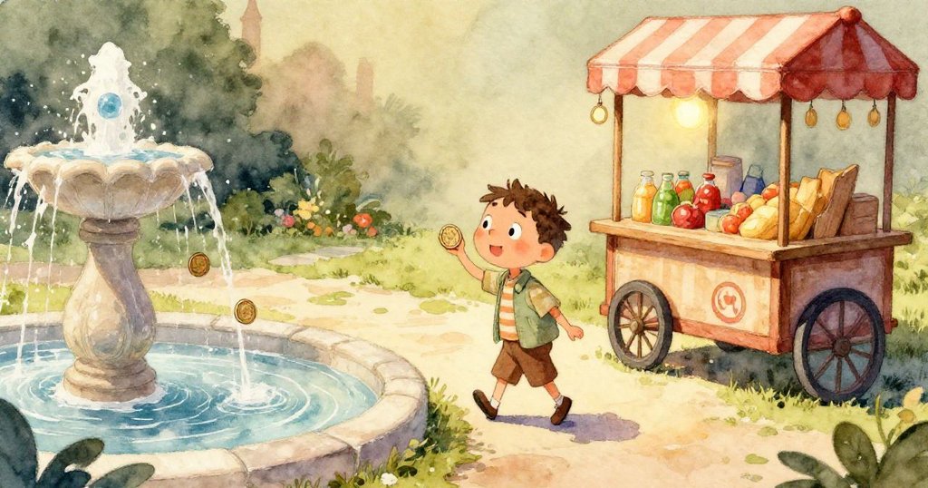 水下特寫展示硬幣沿著細枝上升，柔光灑在流水和硬幣上，呈現奇幻水中景象