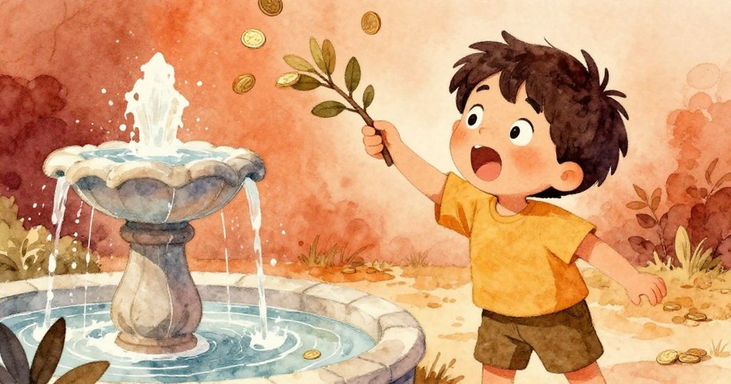 麥克斯熱切伸手抓住樹枝，將其浸入噴泉中，目光驚奇注視硬幣升起，溫暖光影映襯下呈現生動互動