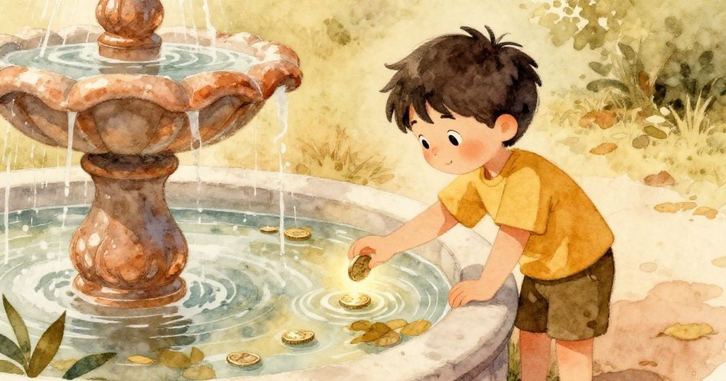 麥克斯在寧靜噴泉邊溫柔提起閃耀硬幣，水面上葉子靜靜停留，滿臉安逸，故事達到圓滿結局