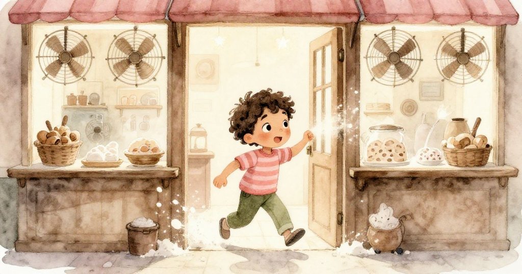 樂奧站在老麵包店門口，手持紙錢等待進入，旋轉扇子與麵粉飛舞，神情期待溫暖祥和。