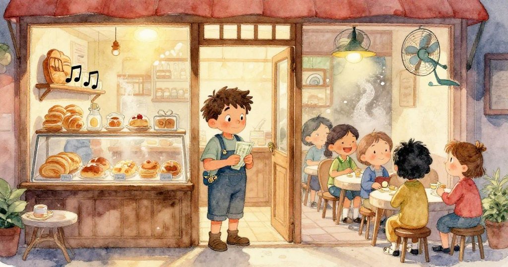 樂奧在麵包店內行走，小腳踏在花紋地板上，口袋中硬幣發出輕響，神情專注而充滿期待。