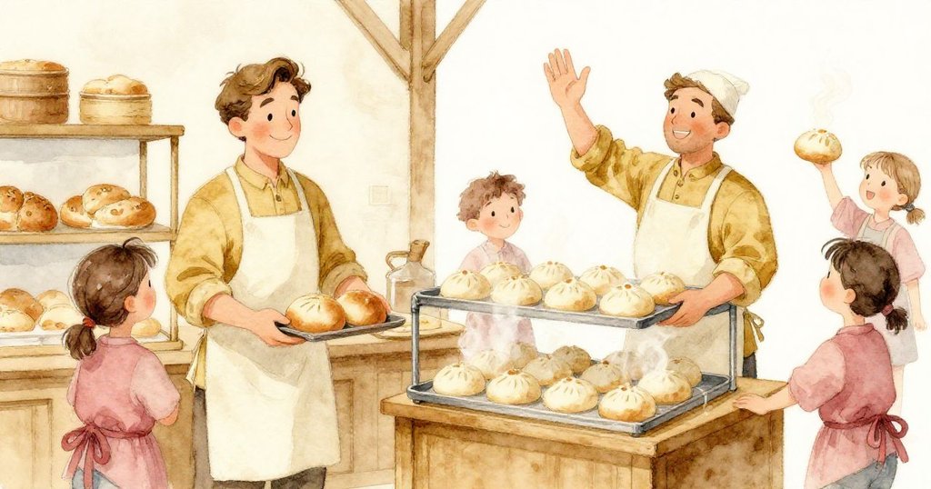 前顧客在櫃台前選購麵包，另一邊麵包師傅向同事揮手，鏡頭同時呈現，場景溫暖繁忙。