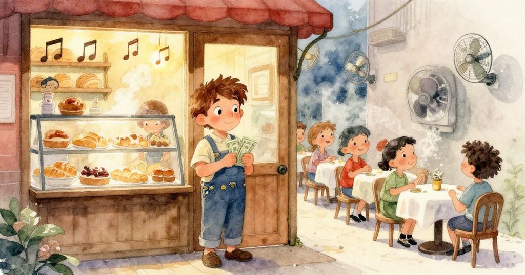 在麵包店的工作間內，蒸氣輕繞新鮮出爐的麵包，果醬與糖衣細節清晰，氣氛溫暖充滿藝術感。