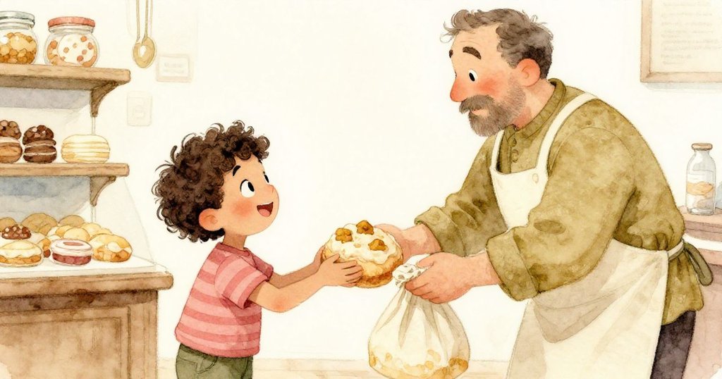 麵包師傅溫柔地將裝有額外麵包的溫袋遞給樂奧，兩人相視而笑，場景充滿溫暖與感激。