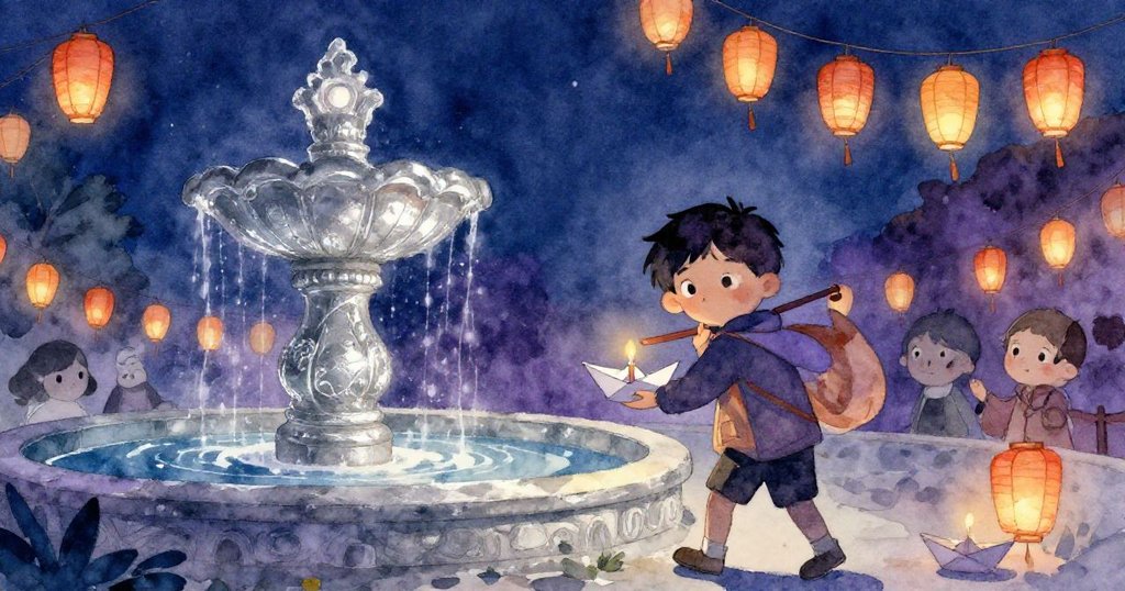 在燈籠節夜晚，Leo撐著紙船與蠟燭穿越熱鬧的城市廣場，背後燈光輝映、噴泉映出堅定剪影。