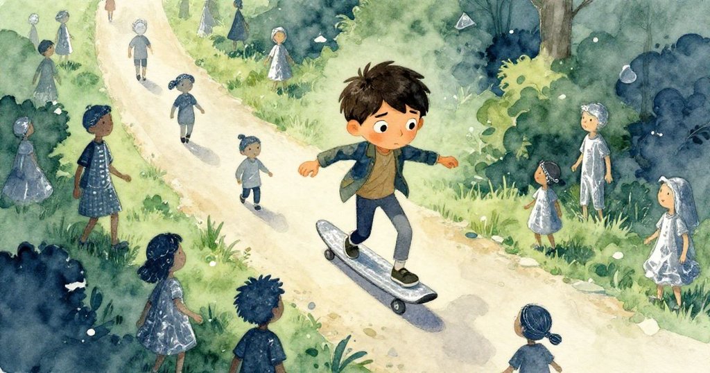 高角度呈現 Leo 小心踏過擁擠人群，表情流露堅定與脆弱，背景中繁忙人群與燈光營造出動感氛圍。