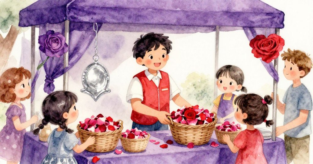 志工在節慶攤位中整理裝滿玫瑰花瓣的籃子，柔和燈光下展現出溫馨與神秘的節日情懷。