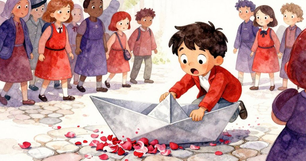 Leo 在人群中被輕觸後，紙船滑動釋放玫瑰花瓣灑落石板上，驚訝表情與忙碌氛圍交織呈現緊張瞬間。