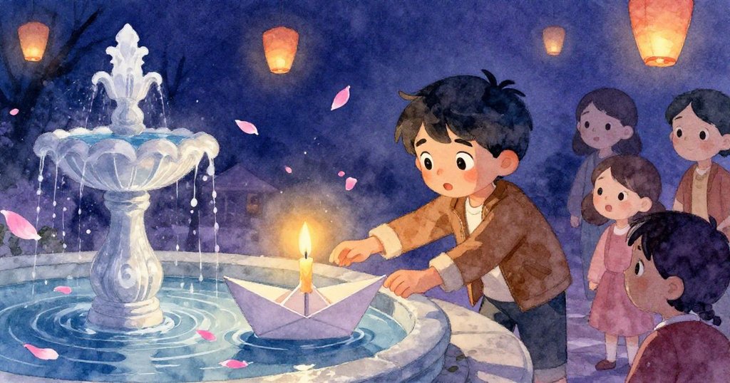 Leo 在噴泉邊空曠處小心放下蠟燭於紙船中，眼中滿是喜悅與平靜，漂浮玫瑰花瓣與燈光交織出夢幻景致。