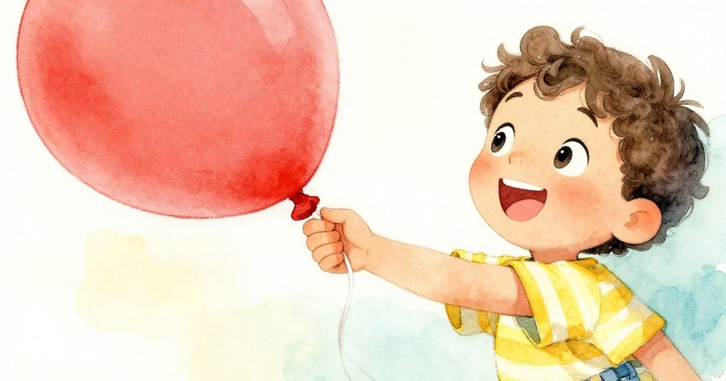 班恩專注地握著閃亮紅氣球，細膩展現手指與氣球絞繩互動，充滿驚喜與期待，細節生動。