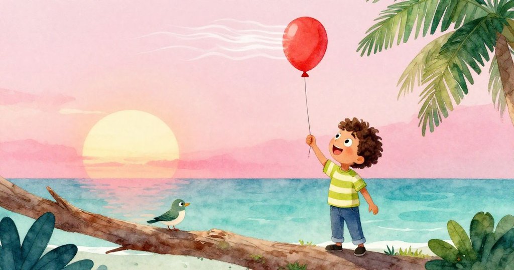 從樹枝視角看見班恩抬起紅氣球，突遇微風吹拂使氣球滑脫，樹枝與葉子隨風輕搖，充滿驚奇。