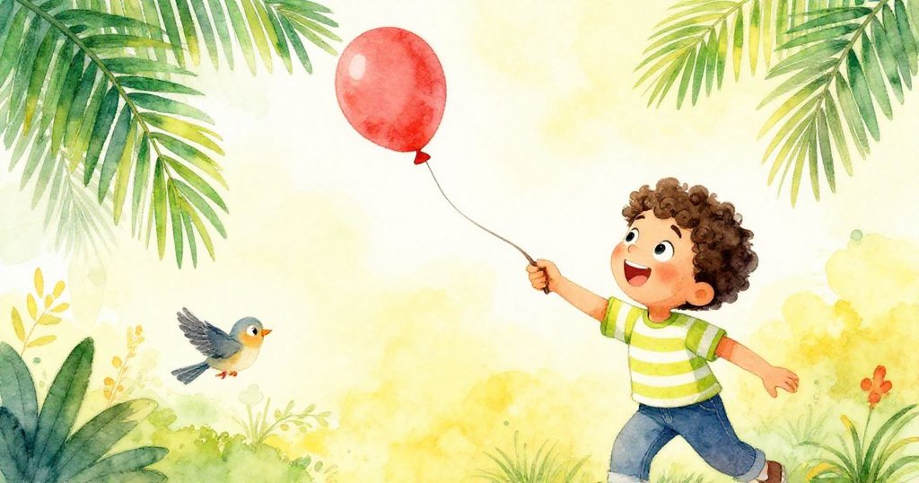 班恩迅速拿起長棍敲打樹枝，紅氣球開始慢慢滑落，同時小鳥飛舞於旁，展現動感與魔法般的自然互動。