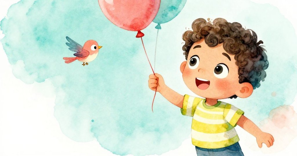 班恩眼神充滿決心與驚奇，重新抓住紅氣球線，小鳥在身側歡快飛舞，溫暖互動呈現自然美好。