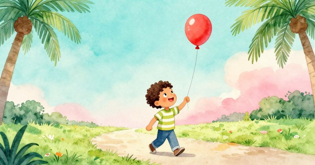 班恩帶著紅氣球在開闊公園中自信前行，草地青翠、天空明朗，充滿希望與自由迎向新旅程。