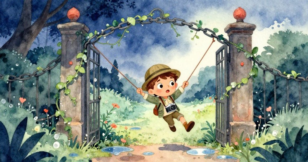 露本在廢棄園藝公園滑過鏽跡斑斑的鏈鐵門,晨露與藤蔓在清晨映出他的身影,充滿期待與冒險感。