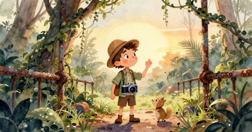 露本的臉部特寫,眼中閃爍著決心與驚訝,在霧氣中他正穩住自己,背景隱約顯示廢棄門景。