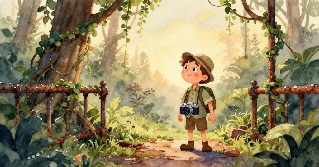 露本用袖角擦拭相機鏡頭,鏡中映出水滴飛濺和晨霧,細膩展現他與大自然的互動。