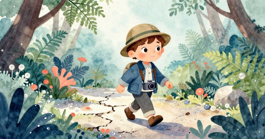 露本走在碎石與裂縫的花園小徑上,周圍藤蔓叢生與晨光交織,展現自然與歷史的細膩融合。