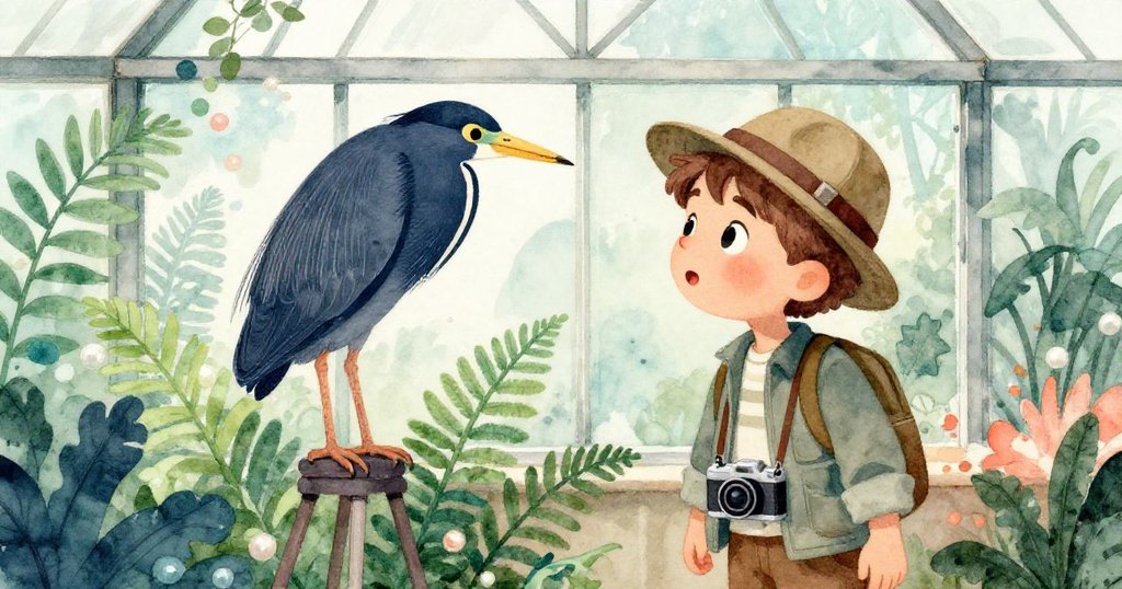 在老舊玻璃房內,露本注視著一隻夜鷺輕巧降臨腳架,四周綠蘿搖曳,瞬間充滿驚喜與和諧。