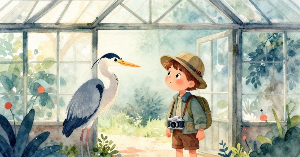 在晨光初照的玻璃房內,露本與夜鷺同偕,濕潤地板映出寧靜與重生的奇幻瞬間,充滿溫暖與平和。