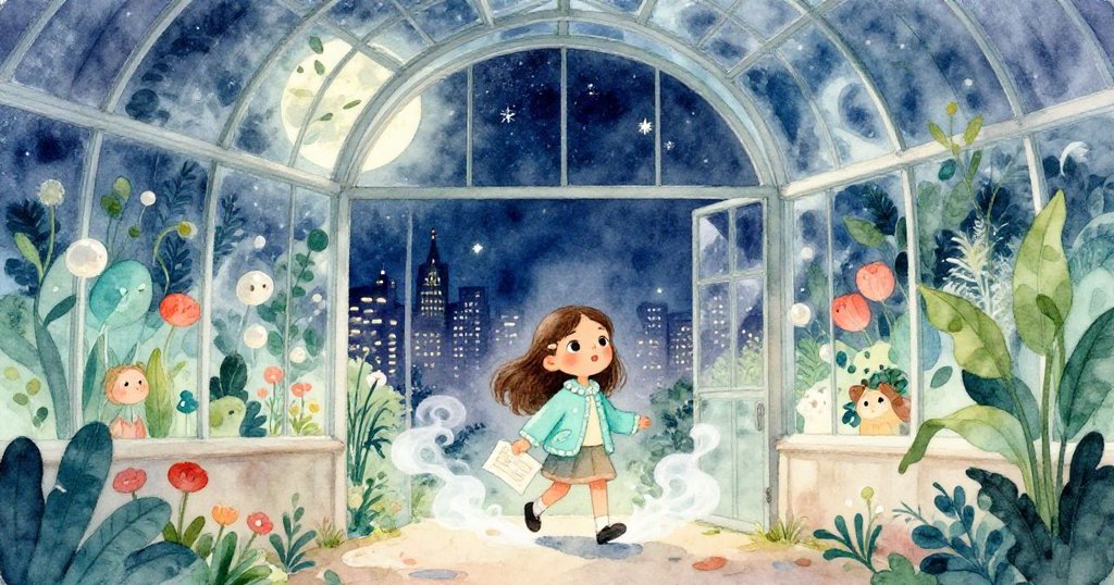 Faye 手持畫冊進入月光下的玻璃溫室，背景燈光輕輕閃爍，步伐輕快展現探索開始的期待。