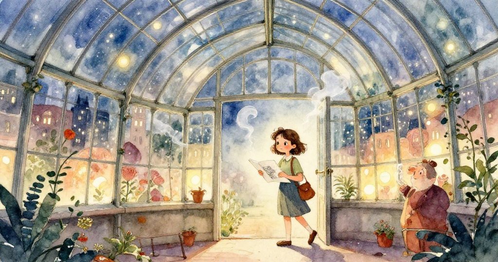 Faye 目光專注凝視著閃爍的雨珠，溫室鋼拱上水滴在月光下閃閃發光，展現細膩驚奇。