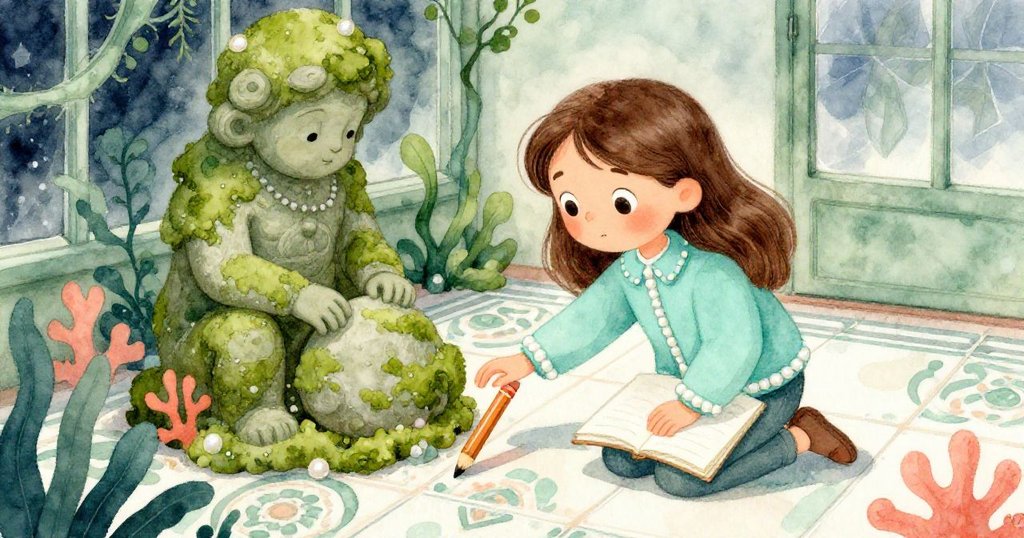 Faye 膝行於苔蘚石像旁溫柔觸碰，畫筆意外滑落在精緻花磚上，流露出專注與微妙的猶豫。