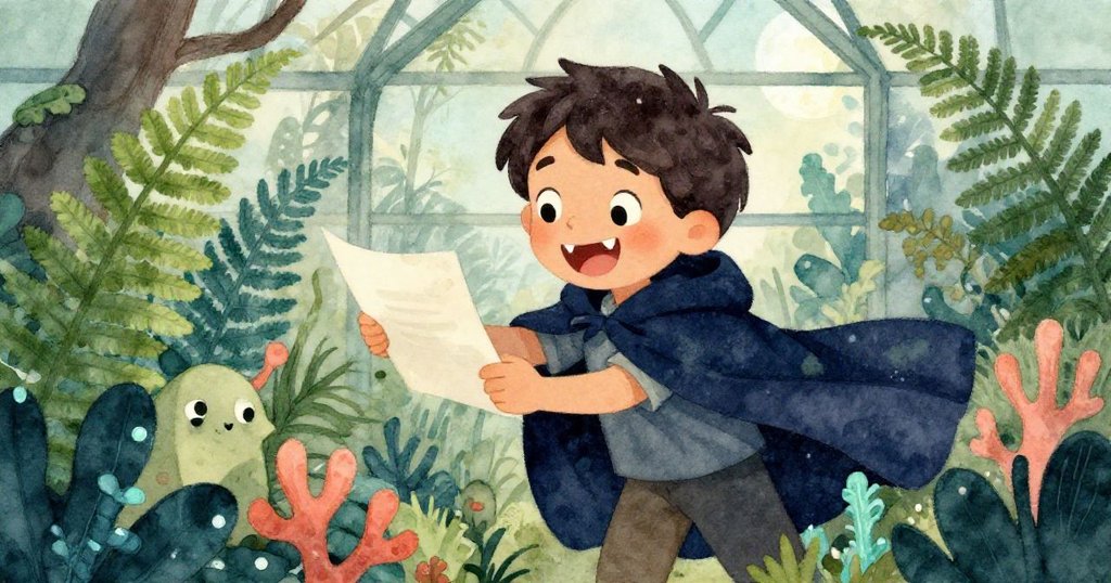 男孩從繁茂蕨葉後輕盈現身，露出俏皮笑容和塑膠豬牙，手持筆記本與Faye共繪創作，充滿邀請氣氛。