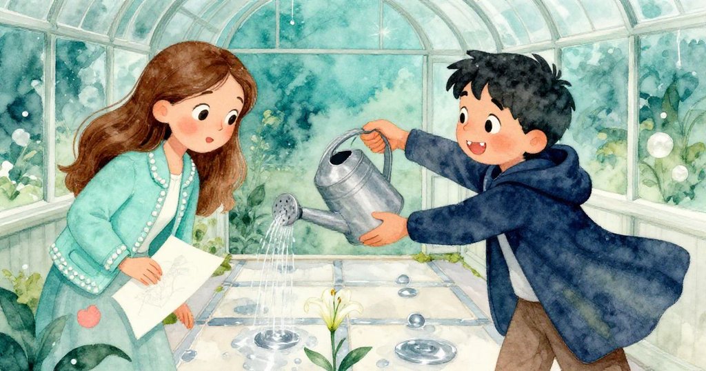 Faye與男孩攙扶傾斜的灑水壺，水花在花磚上閃出銀光，引向初綻的百合花，彼此合作動作溫暖真摯。