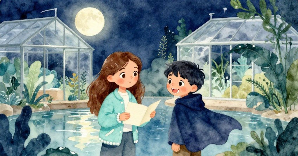 溫室中Faye與男孩並肩作畫，月光灑在廣闊綠葉與水面上，寧靜氛圍中展現創作圓滿結局與和諧感。