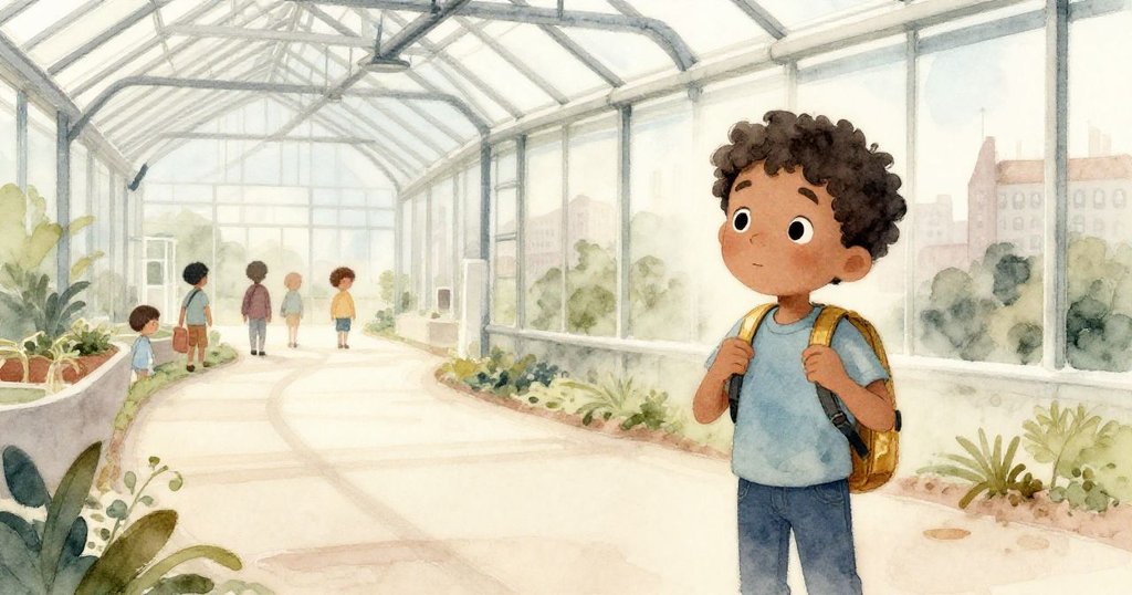 Milo 穿輕藍衣在城市溫室前行，霧氣繚繞與眾同行，神情充滿期待與好奇，開啟奇幻之旅。