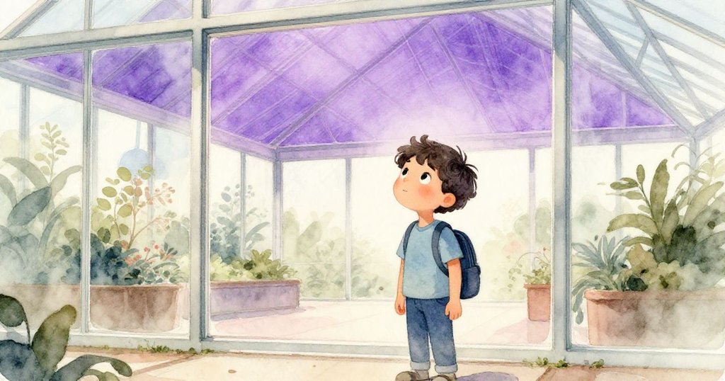 Milo 通過大玻璃窗望向天花板，紫光映出隱藏壁畫，表情驚奇，全場散發神秘感。