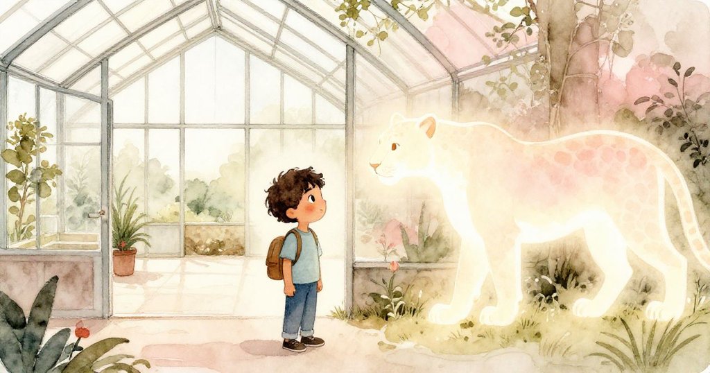 Milo 觀察天花板上現實與魔幻交錯，左側現實溫室、右側獨特光影流轉，內心暗湧。