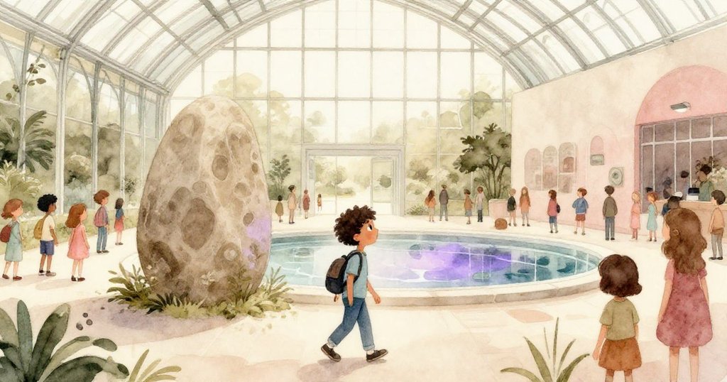 Milo 離開觸碑，與眾人共享展廳，玻璃池面映出微光，整體場景恢復平靜與驚奇，結束奇幻旅程。