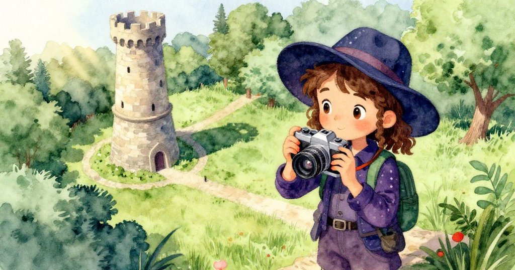 蓮娜從高空俯瞰草地公園前往古塔，充滿期待與冒險的表情，背景呈現明亮正午陽光與蜿蜒河流。