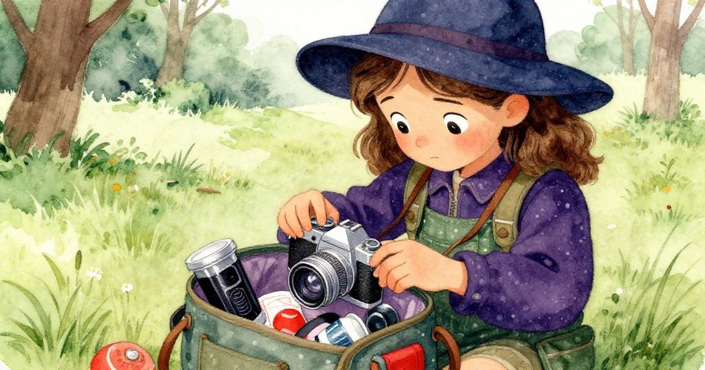 蓮娜在公園裡打開相機袋，專注檢查懷舊相機與配件，雙手細膩互動，情緒堅定充滿期待。