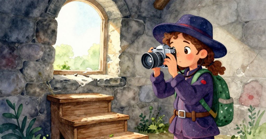 蓮娜在古塔內調整相機，明亮陽光從破窗射入，映照修補舊木梯，背景呈現歷史與專注氣氛。