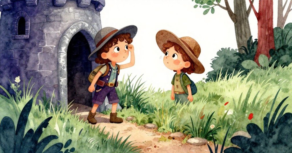 蓮娜走出古塔，邊擦汗邊注視隱藏在高草中的狹窄小徑，充滿堅定與期待，背景展示塔身與清新自然光影。