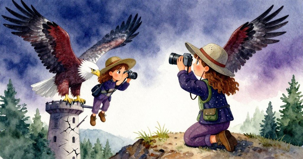 蓮娜在山脊上俯身遮陽按快門，捕捉鷹隻優雅降臨破損塔欄杆瞬間，神情專注且充滿期待。