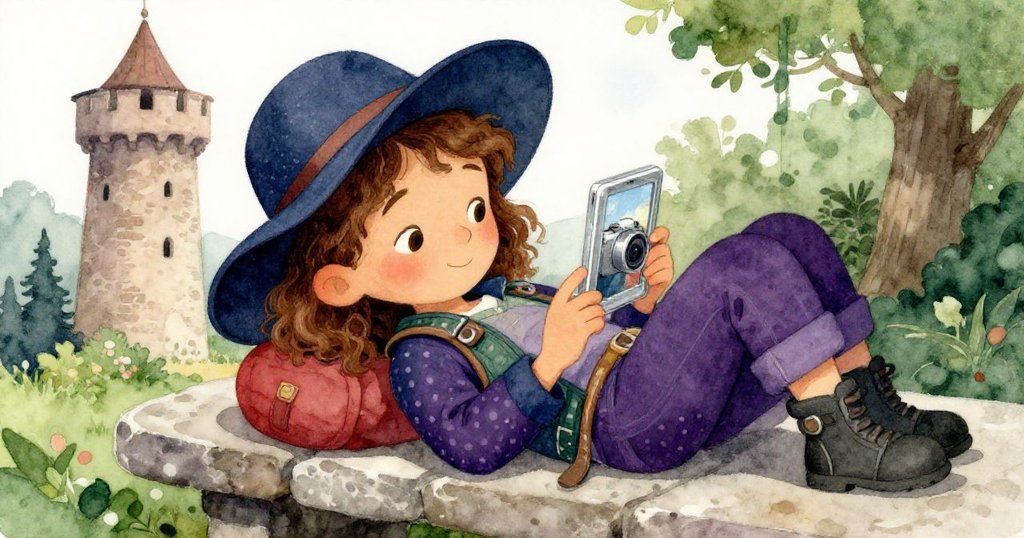 蓮娜坐在古塔旁石凳上休憩，滿意檢視著相機屏幕中捕捉到的完美瞬間，表情平靜且充滿成就感。