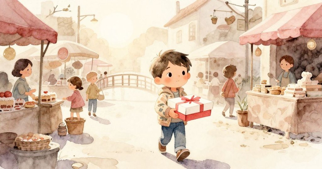 Milo在晨光中攜帶蛋糕盒走向河街，背景熱鬧攤位初現，臉上充滿堅定與稍許憂慮，展開冒險旅程。