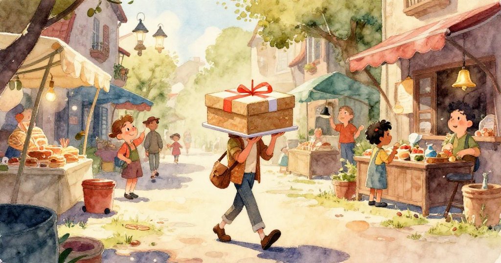 Milo緩慢調整明亮蛋糕盒蓋子，手部細節突出展現承諾與關懷，背景隱約顯示熱鬧市場溫馨氛圍。