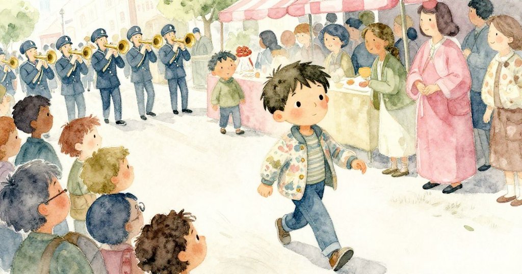 Milo在傾斜視角下靈巧穿行於熙攘人群中，背景隱現樂隊，市場熱鬧展現動態秩序與混沌。